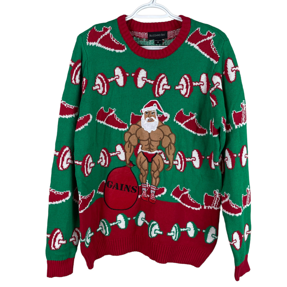Blizzard Bay Ugly Christmas Sweater Mens M Muscle Santa Body Builder Gains New